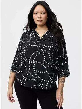 Torrid Harper Top Women Size L Black White Pullover Split Neck Collar Star Print
